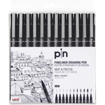 Caneta UNI-BALL Mitsubishi UNI PIN 10 Graduações + BRUSH Preta - Estojo com 12