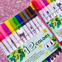 Canetas BrushPen kit 12 cores Papelaria fofo colorido escrita escolar ponta fina ponta grossa - TianFu