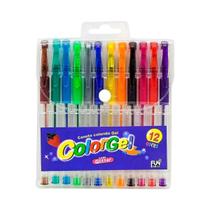 Canetas Coloridas Gel Neon Glitter Estojo Kit 12 Cores