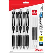 Canetas de tinta de gel líquido RTX Deluxe Pentel Energel de 0,7 mm, ponta de metal, pacote com 5 canetas pretas com 3 recargas