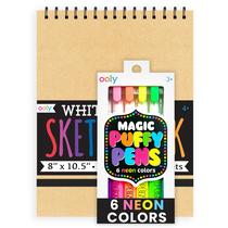 Canetas Gel Neon Puffy Magic Ooly com 6 Cores e Caderno de Desenho