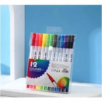 Canetinha 12 Cores Brush Pen Duas Pontas Pincel Fina Escolar