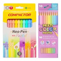Canetinha Hidrográfica Escolar Gigante 12 Cores Tons Pasteis + 10 Lápis de Cor Tons Pastel
