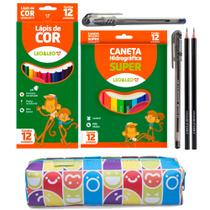 Canetinha Lavavel + Lapis De Cor + Estojo Tematico + Lapis Grafite + Caneta Esferografica - Leo Leo