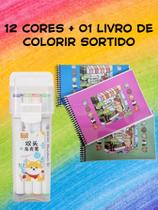 Canetinha para pintar bobi gudi 12 cores + livro de colorir canetinha ponta dupla papelaria