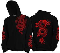 Canguru Moletom Dragão Chinês Blusa Agasalho (Preto / Vermelho)