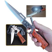 Canivete 25cm Retratil Com Led Cabo de Madeira Dobrável Automático Aço Inoxidável Trava SLKD19