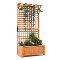 Canteiro Elevado Giantex 184x44x184 cm em Madeira de Abeto com Treliça e Telhado