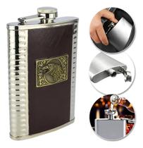 Cantil Em Couro E Inox Frasco Garrafa Whiskeira Bolso Luxo C