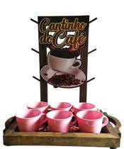 Cantinho Do Café 6 Xícaras 170ml Acrilícas Com Suporte E Bandeja De Madeira Coffee Rosa - AS Artesanato