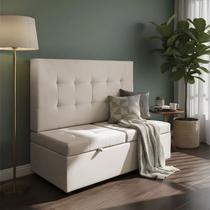 Canto Alemão Recamier Bau + Painel Madri 90cm Linho Bege - Inova Decor Canto Alemão Recamier Bau + Painel Madri 90cm Linho Bege - Inova Decor