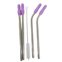 Canudo Aço Inox Kit 4 Peças Reutilizavel MilkShake Vitamina Bebida Reto Curvo Ponteira de Silicone Escova de Limpeza Sustentavel Ecologico