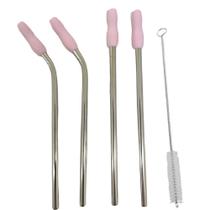Canudo Aço Inox Reutilizavel Ecologico Kit 4 Peças MilkShake Bebida Vitamina Ponteira de Silicone Reto Curvo Escova de Limpeza Sustentavel