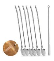 Canudo Colher em Inox com Escova para Limpeza Drinks Mexedor 22cm Kit com 6 Unidades Cor Prateado MG-9250