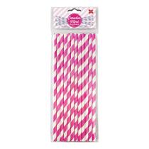 Canudo de Papel Listrado Rosa Pink/Branco 6mmx200mm - 4313- 12 unidades