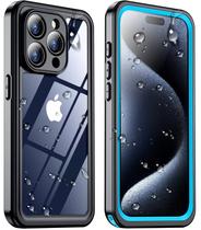Capa à Prova d'Água Temdan para iPhone 15 Pro Max - Azul/Transparente