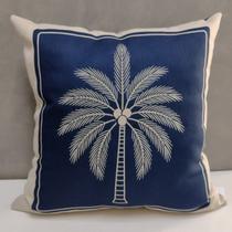 Capa Almofada 50x50 Linho Palms Azul Bordada Coqueiro