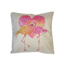 Capa Almofada Casal Flamingos Fundo Coração Rosa - 43x43cm