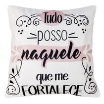 Capa Almofada Corações Tudo Posso Branca e Rosa Sarja 45x45cm