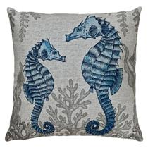 Capa Almofada Linho Hotel Praia Cavalo Marinho Azul e Cru 45cm