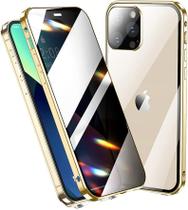 Capa anti-espiamento para iPhone 13 Pro Max com protetor de lente de câmera Protetor de tela de privacidade com orifício de alça de metal de liga de alumínio Capa de vidro com trava dupla (13ProMax, dourado)