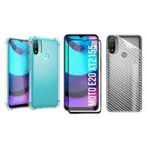 Capa Anti Impacto + Pelicula de Vidro 3D + Skin Verso Fibra de Carbono para Motorola Moto E20