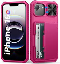Capa BXYJY para iPhone 16e com porta-cartão de crédito (4-5 cartões), capa de lente deslizante, proteção contra quedas e bloqueio de RFID de nível militar, capa protetora pesada masculina e feminina para iPhone 16 E, rosa choque