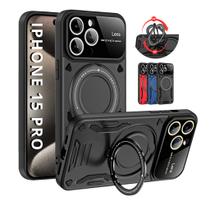 Capa Capinha Armor Anel Magnetica Safe P/ iPhone 15 Pro - Carregamento Por Indução + Proteção De Câmera