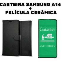Capa Capinha Carteira Preta + Película de Cerâmica para Samsung A14 4G