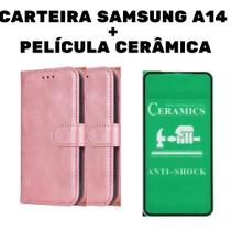 Capa Capinha Carteira Preta + Película de Cerâmica para Samsung A14