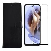 Capa Capinha Carteira Preta + Película de Vidro 3D Para Motorola G13