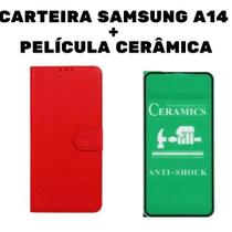 Capa Capinha Carteira Vermelha + Película de Cerâmica para Samsung A14 Capa Capinha Carteira Vermelha + Película de Cerâmica para Samsung A14