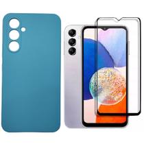 Capa Capinha Case Silicone Aveludada Azul Celeste + Pelicula de Vidro 3D Para Samsung Galaxy M14