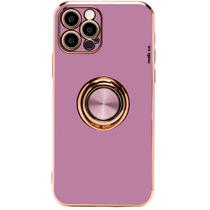 Capa Capinha iPhone 12 Pro Lilás Rose Luxo Anel Dourado Magnético Atras Dedo Feminina Brilho Case com Proteção de Câmera - Malis Case