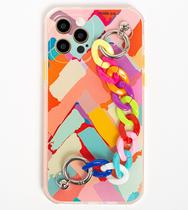 Capa Capinha iPhone 12 PRO MAX Colorida Grafitte Arco Iris Abstrato Alça Cordão Feminina Anti Impacto Queda Proteção de Camera