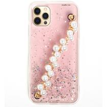 Capa Capinha iPhone 12 PRO MAX Silicone Feminina Anti Impacto Glitter Corrente Perolas Brilho Luxo - Rosa com Transparencia