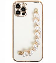 Capa Capinha iPhone 13 PRO Silicone Feminina Borda Dourada Anti Impacto Corrente Perolas Brilho Luxo Proteção de Camera - Branca