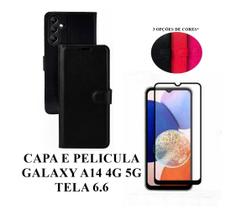 Capa Carteira Colorida E Pelicula Vidro 3D 9D Compatível A14 4G 5G tela 6.6 material sintético Capinha Case Celular