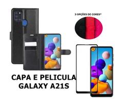 Capa Carteira Colorida E Pelicula Vidro 3D 9D Compatível A21S material sintético Capinha Case Celular