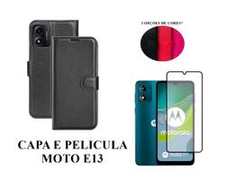 Capa Carteira Colorida E Pelicula Vidro 3D 9D Compatível Moto E13 material sintético Capinha Case Celular