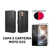 Capa Carteira Colorida E Pelicula Vidro 3D 9D Compatível Moto G32 material sintético Capinha Case Celular