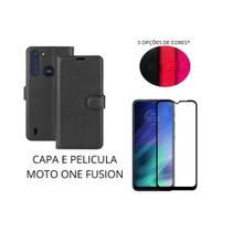 Capa Carteira Colorida E Pelicula Vidro 3D 9D Compatível Moto One Fusion material sintético Capinha Case Celular - MK3 PARTS