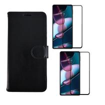 Capa Carteira com Flip Preta + 2x Peliculas 5D Nano Gel para Motorola Moto Edge 30