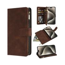 Capa Carteira De Couro Para iPhone Com Múltiplos Compartimentos Para Cartões, Zíper, Suporte E Fecho