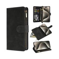Capa Carteira De Couro Para iPhone Com Múltiplos Compartimentos Para Cartões, Zíper, Suporte E Fecho