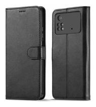 Capa Carteira de Couro Preta Compatível Com Xiaomi Poco X4 Pro 5G