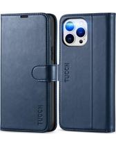 Capa Carteira TUCCH em Couro PU RFID para iPhone 13 Pro Max - Azul Escuro