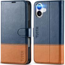 Capa Carteira TUCCH para iPhone 16 (6,1") - Com Suporte, Azul e Marrom