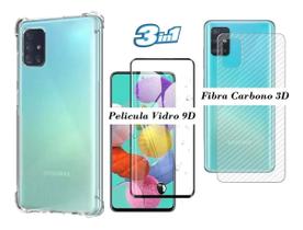 Capa Case Anti Impacto Galaxy A51 + Pelicula de Vidro 9D  + Skim Verso Fibra de Carbono 3D
