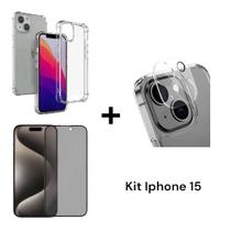 Capa Case Anti Impactos + Película 3D De Vidro Privacidade + Película de Câmera para Iphone 15